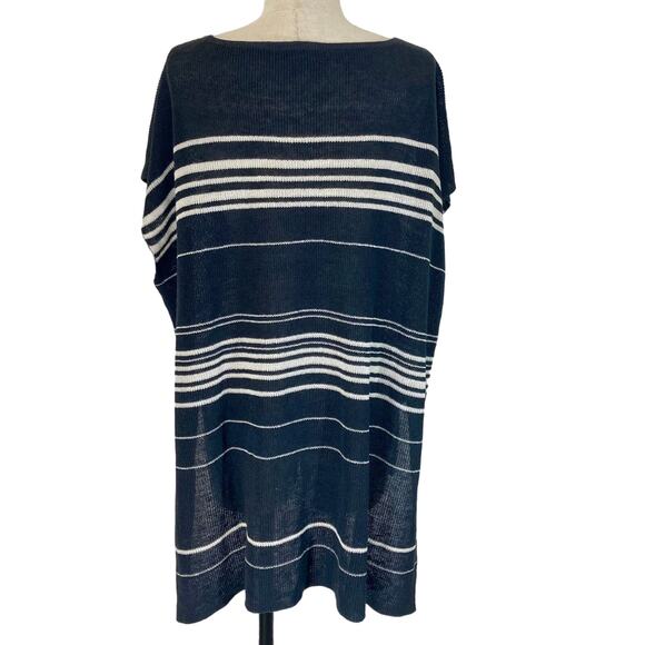Eileen Fisher striped linen poncho sweater, womens large gray ivory organic knit - Picture 4 of 10